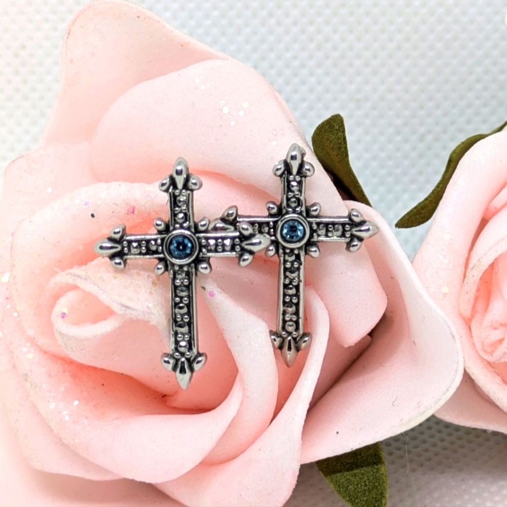 Vintage Earrings Ornate Silver Tone Cross Blue Rhinestone Pierced Stud Religious